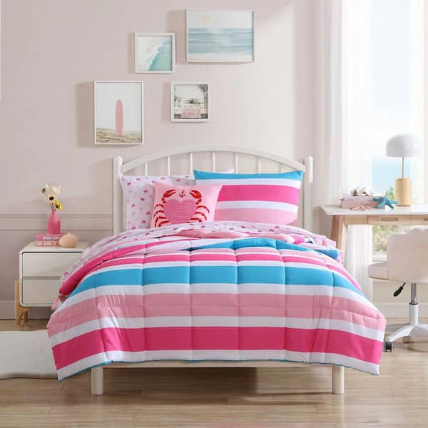 Nautica Cru Stripe 3-Piece Pink Microfiber Twin Comforter Bonus Set