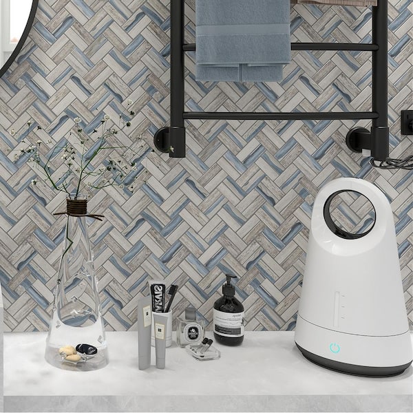 Ecoglassify Wooden Blue 11.11 in. x 12.52 Herringbone Matte Glass Mosaic Tile Sample