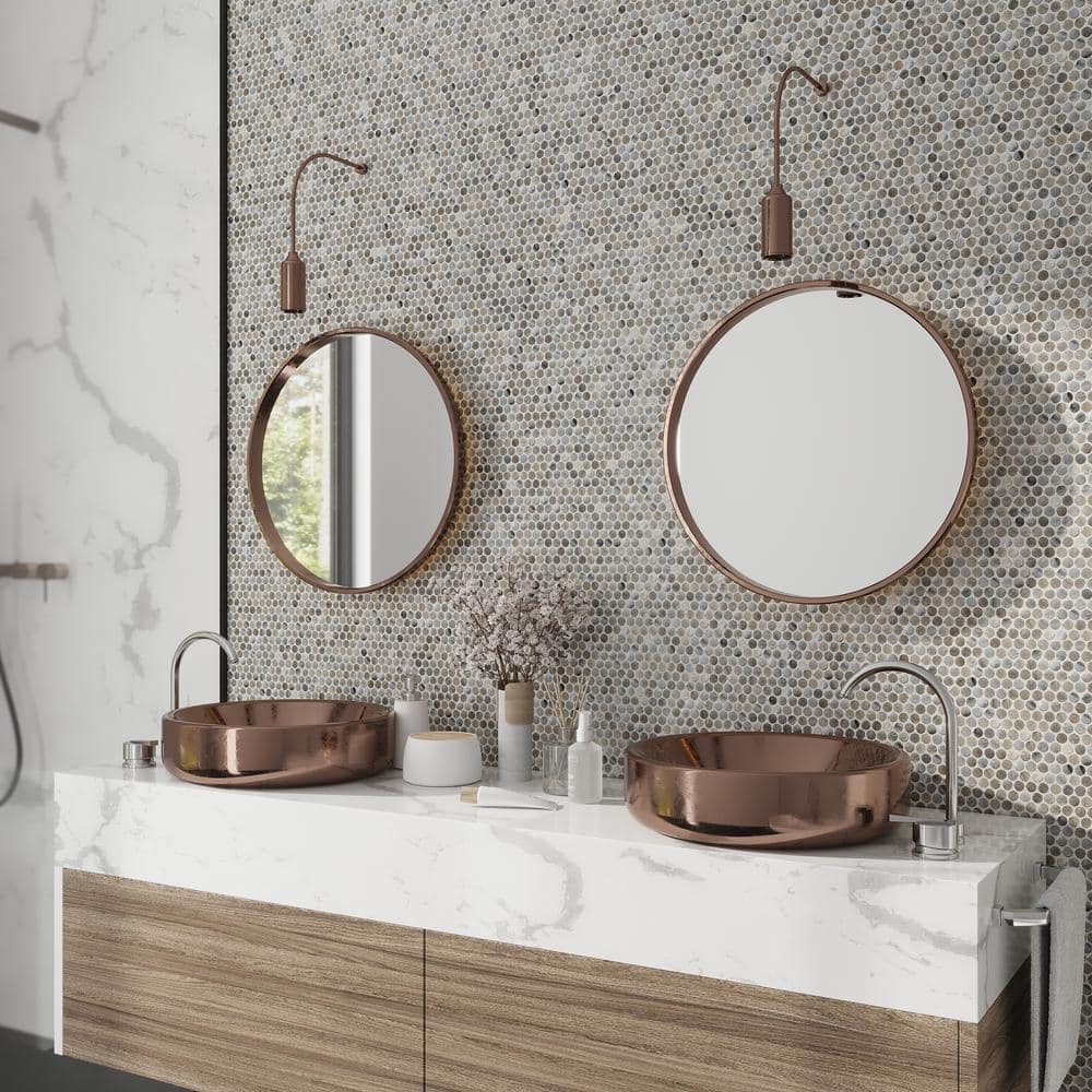 Gray Polished Penny Round Glass Mosaic Tile 12x12