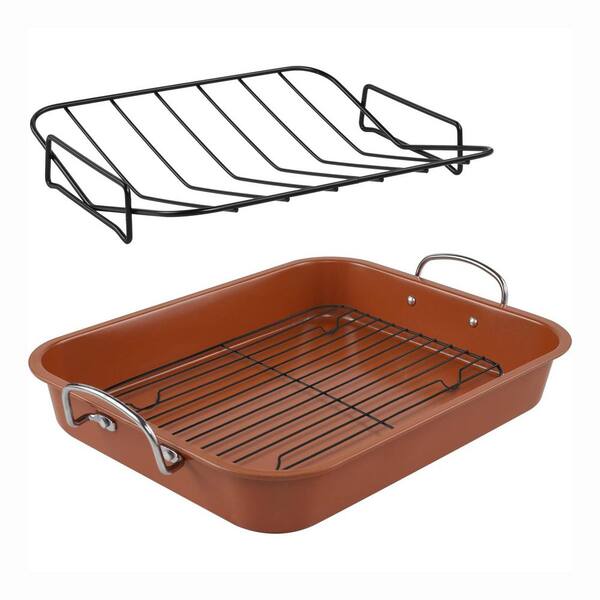 Nonstick 16 qt. Bronze Steel Oven Safe Roasting Pan with Cooling Rack and V-Rack for All Cooktops, 1 Piece