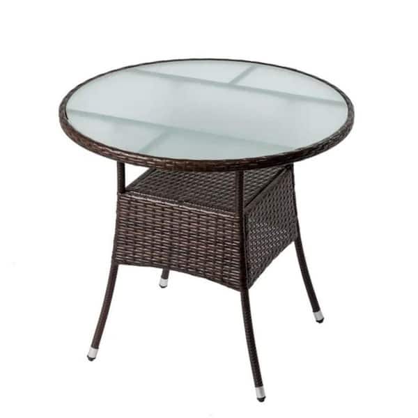 ESILOO 31.5 in. Round Outdoor Dining Table-All-Weather Rattan and Glass Top for Patio, Deck, or Poolside (Brown)