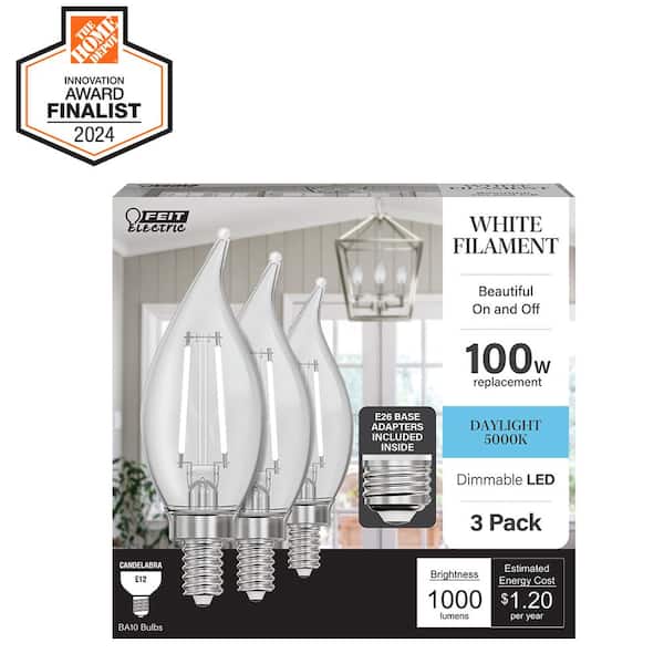 100-Watt Equivalent BA10 E12 Candelabra Dim White Filament Clear Glass Chandelier LED Light Bulb Daylight 5000K (3-Pack)