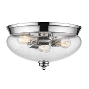 Amon 15 in. 3-Light Chrome Flush Mount Light with Clear Seedy Glass Shade with No Bulbs Included