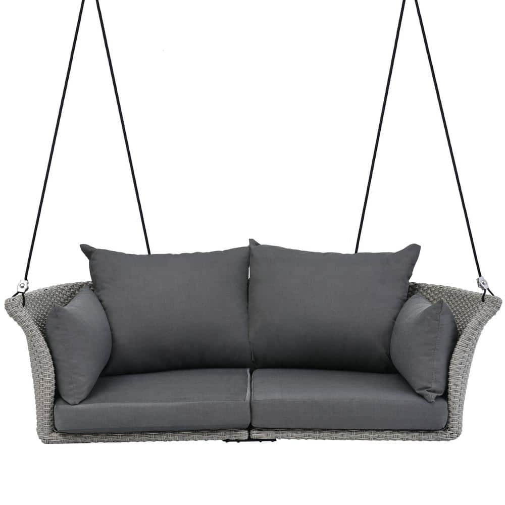 2-Person Gray Wicker Outdoor Patio Porch Swing with Gray Cushion and Pillow