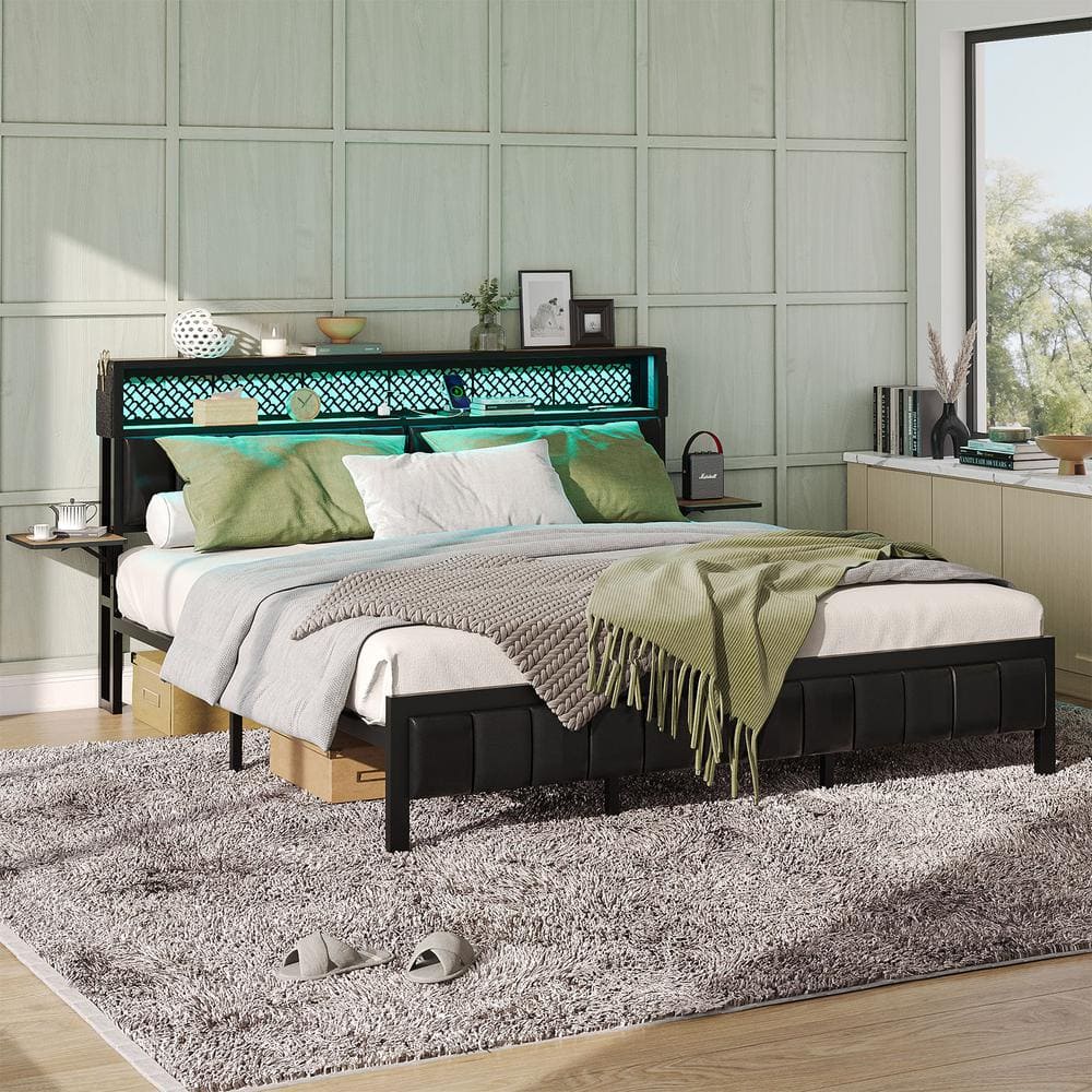 Bestier Walnut Metal Frame Queen Platform Bed With LED Upholstered ...