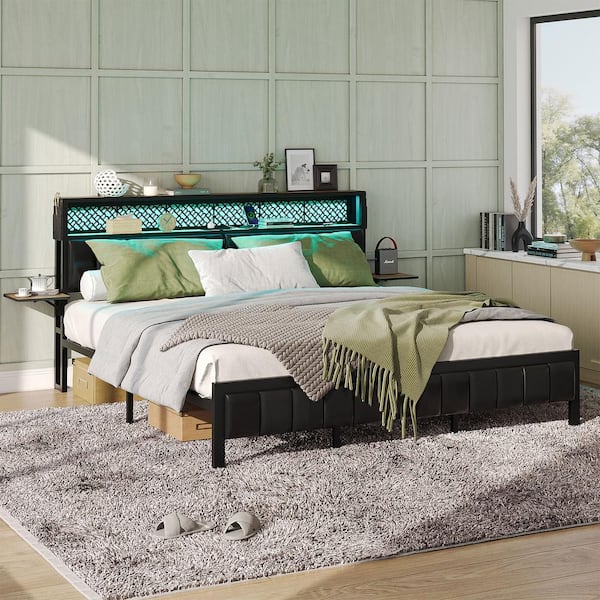 Walnut Metal Frame Queen Platform Bed with LED Upholstered Storage Headboard Charge Station and Foldable Bedside Shelf