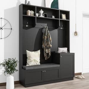 Modern Black Freestanding Hall Tree with Cushioned Storage Bench, 3-Hooks and Shelves