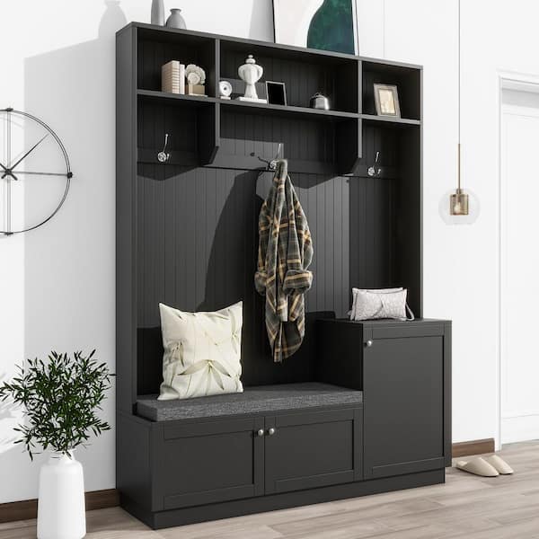 Nestfair Modern Black Freestanding Hall Tree with Cushioned Storage Bench, 3-Hooks and Shelves