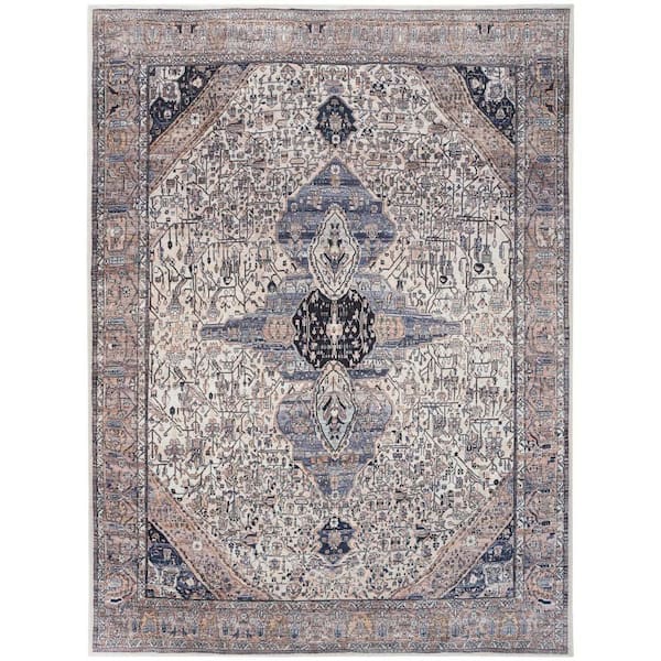 Nourison Machine Washable Brilliance Ivory Blue 9 ft. x 12 ft. Center Medallion Traditional Area Rug