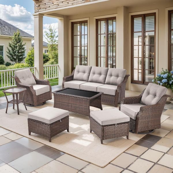 Modern Farmhouse 7-Piece Brown Wicker Patio Conversation Set with 6 In. Beige Cushions/Swivel Chairs with Coffee Table
