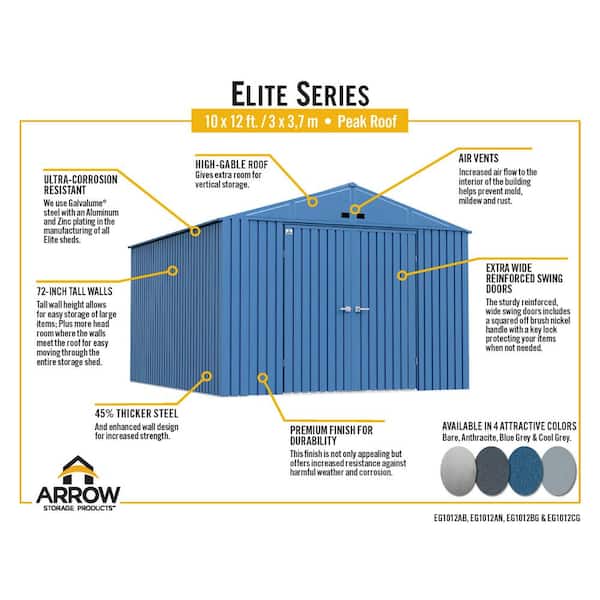 Arrow Elite Storage Shed 12 ft. W x 10 ft. D x 8 ft. H Metal Shed 120 sq. ft.
