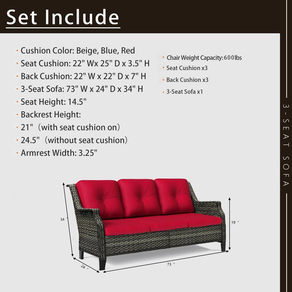 Red Wicker and Metal Outdoor Patio Sofa with Curved Armrests