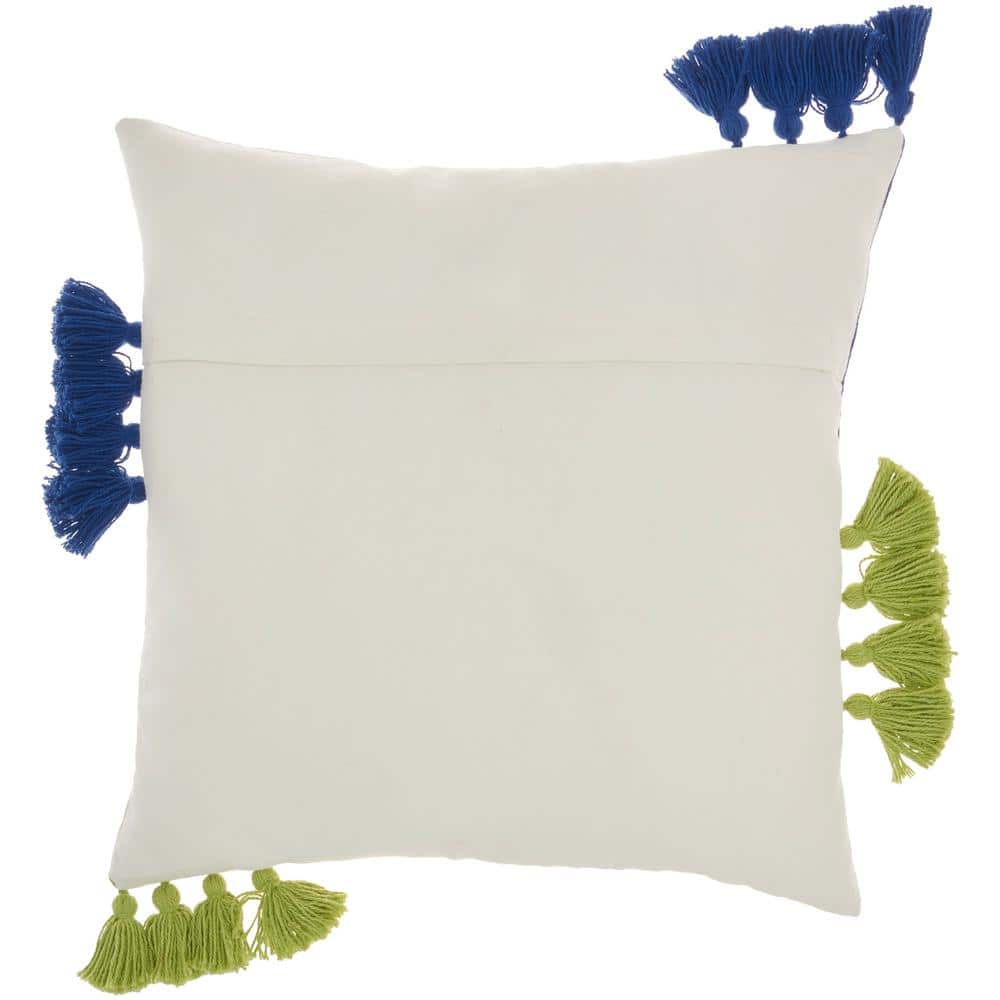Lime Blue Cotton Square Throw Pillow with Tassels