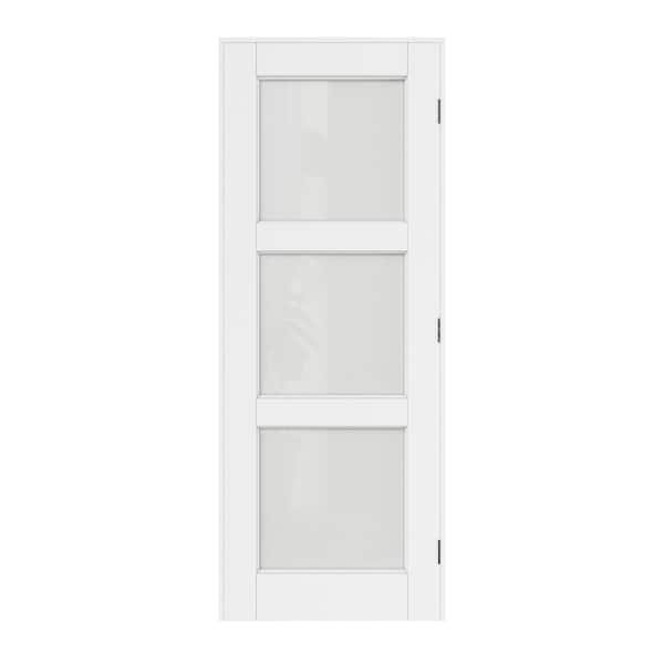 32 in. x 80 in. 3-Lite Frosted Glass Right Handed White Solid Core MDF Door with Quick Assemble Jamb Kit