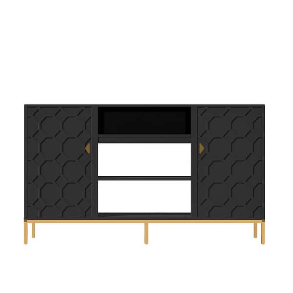 Clihome 60 in.W Black Storage Entertainment Center with Adjustable Shelf Fits TV Up to 70 in.