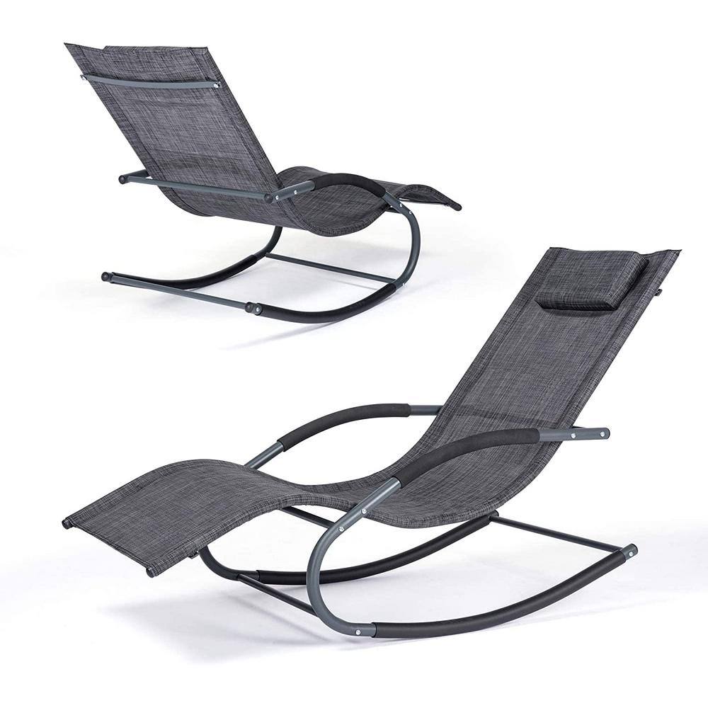 Dark Gray Steel Frame Outdoor Chaise Lounge with Cushions, Set of 2