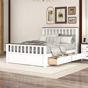 Elegant White and Walnut Wood Frame Full Size Platform Bed with 2-Drawers