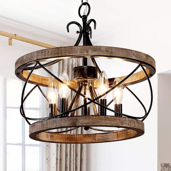Oaks Aura Farmhouse 5-Light Weathered Wood Cage Rustic Chandelier, Adjustable Height Industrial Pendant Dining Room Ceiling Light