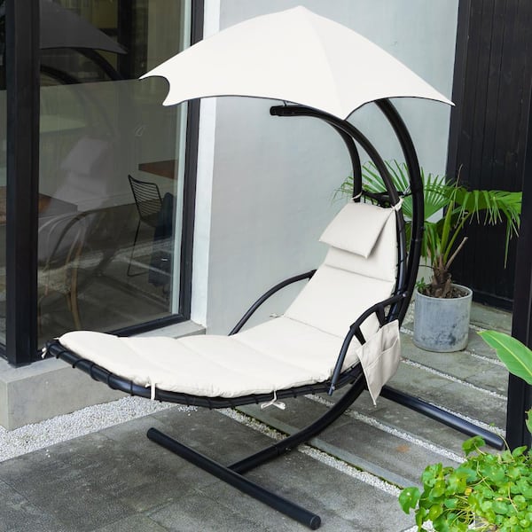 JEAREY 1-Person Swing Egg Chair with Stand And Beige Cushions for Indoor Outdoor in Beige