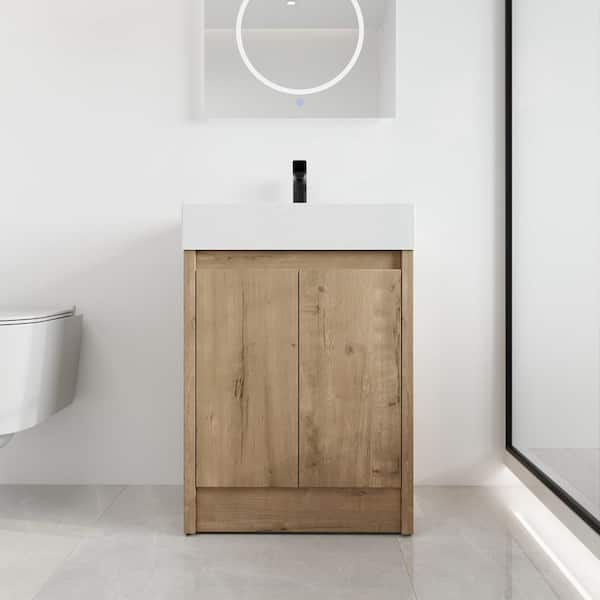 ARTCHIRLY 23.6 in. W x 18.1 in. D x 35 in. H Freestanding Bath Vanity in Light Brown with White single Resin Vanity Top