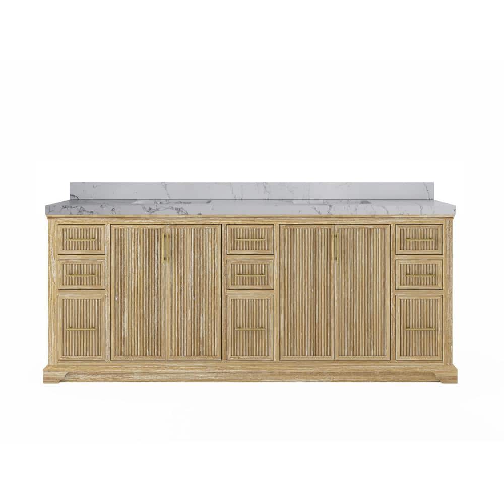 "Alys Teak 84 in. W x 22 in. D x 36 in. H Double Sink Bath Vanity in Whitewashed with 2"" Venatino Quartz Top" price history on PriceWatchPro
