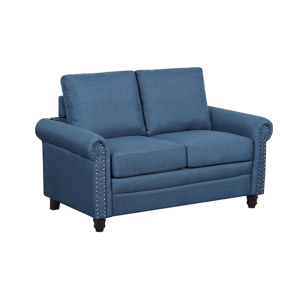US Pride Furniture Leno 54.3 in. Ocean Blue Linen 2-Seater Loveseat with Nailheads