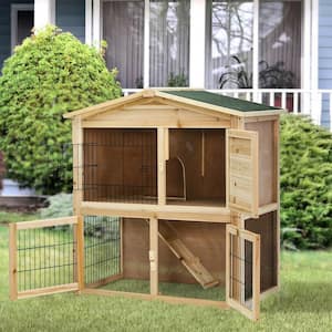 2-Story Wooden Chicken Coop Rabbit Hutch Bunny Cage Small Animal House Shelter House in Natural with Ramp