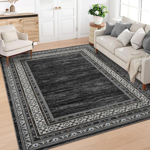 Bordered Black 10 ft. x 13 ft. Modern Printed Low Pile Non Slip Carpet for Living Room Bedroom, Office Washable Area Rug