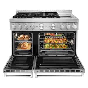 48 in. 6.3 cu. ft. Smart Double Oven Commercial-Style Gas Range with Griddle and True Convection in Stainless Steel