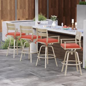 Swivel Aluminum Wood Grain Frame Outdoor Bar Stool with Red Sunbrella Cushions (4-Pack)