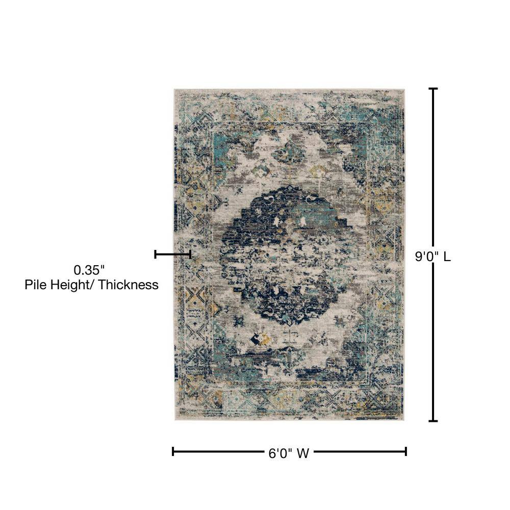 Gray and Blue Floral Motif Synthetic Area Rug, 6' x 9'
