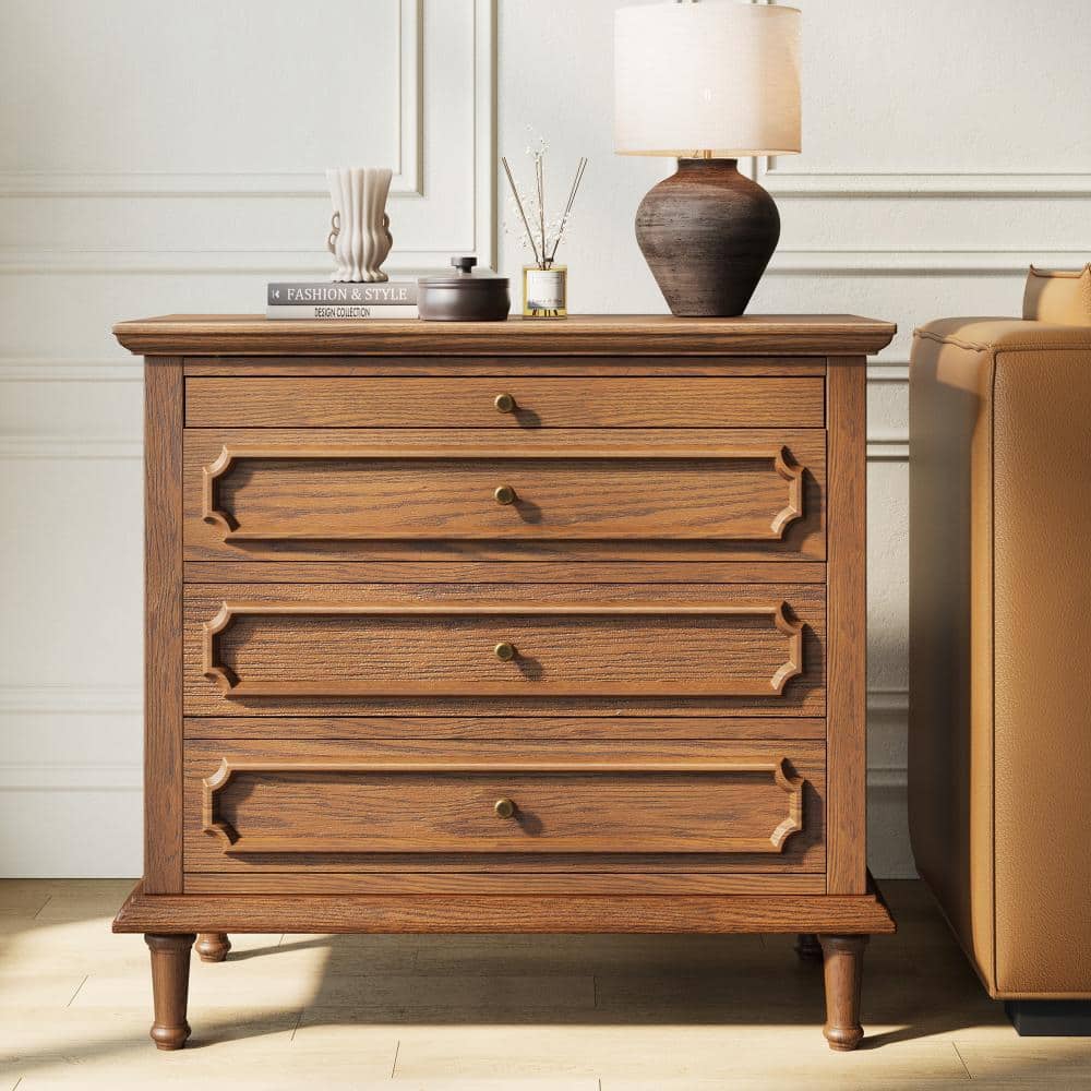 Mid-Century 28''W 3-Drawer Solid Wood Nightstand Traditional End Table with Pull-out Shelf, Built-in Charging Station