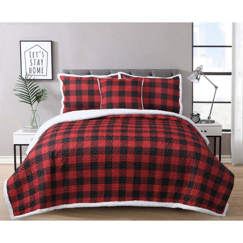 Harper Lane 68 in. x 86 in. 3-Piece Red and Black Plaid Sherpa Twin Quilt  Set 16206 - The Home Depot