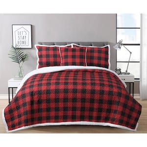 68 in. x 86 in. 3-Piece Red and Black Plaid Sherpa Twin Quilt Set
