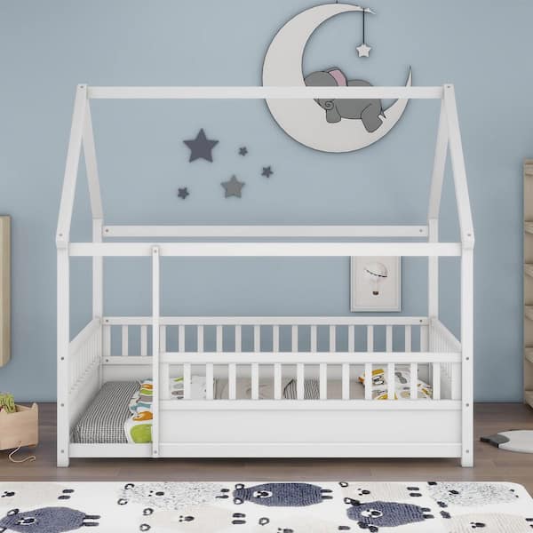 White Wooden Full Size Bed Frame with House Roof Frame and Guardrails