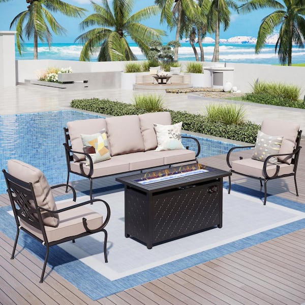 PHI VILLA Black Metal 5 Seat 4-Piece Steel Outdoor Fire Pit Patio Set with Beige Cushions, Black Rectangular Fire Pit Table