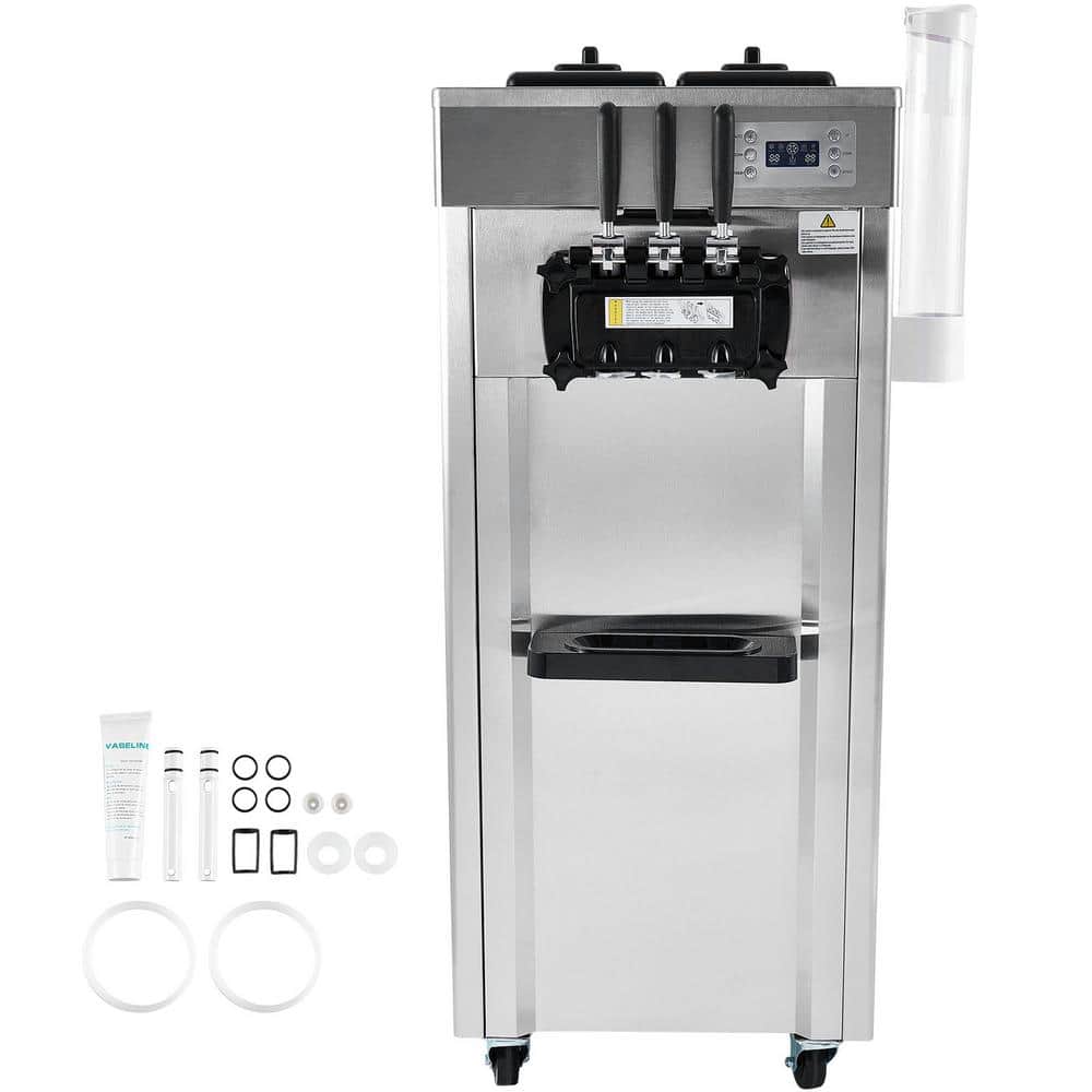 Commercial Soft Ice Cream Machine Silver 3 Flavors 5.3-7.4 Gal. /Hr 4.5 qt. 2200W Auto Clean LCD Panel Ice Cream Maker