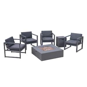 Navan Black 6-Piece Aluminum Patio Fire Pit Conversation Set with Dark Grey Cushions