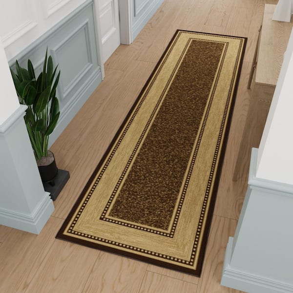 Ottohome Collection Brown Non-Slip Rubberback Bordered Design 3x10 Indoor Runner Rug, 2 ft. 7 in. x 9 ft. 10 in.