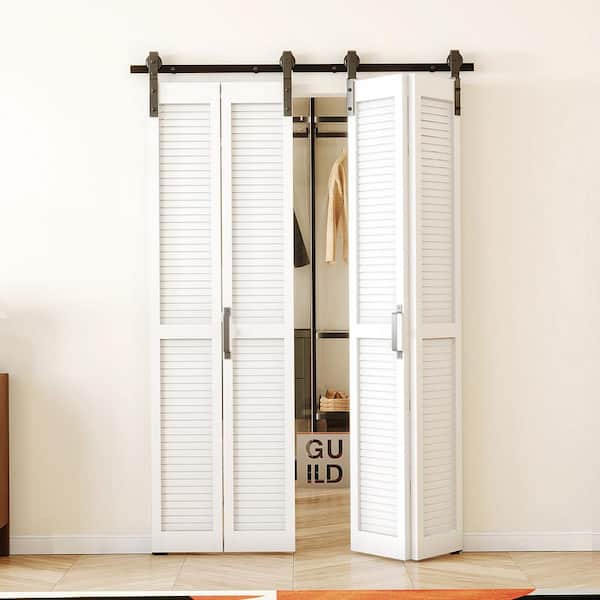 48 in. x 84 in. White, Finished, MDF, Bi-Fold Style, Need to Assemble, Louvered Sliding Barn Door with Hardware Kit