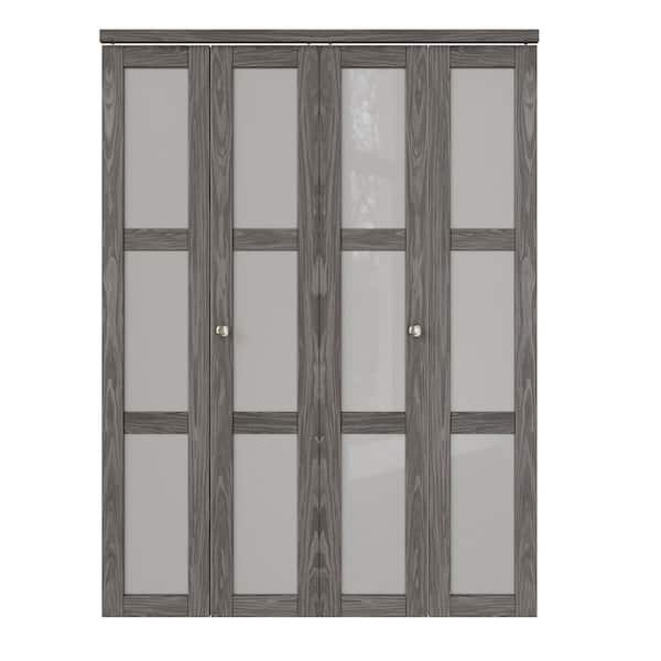 ARK DESIGN 60 in. x 80 in. 3-Lite Frosted Glass Solid Core Dark Walnut Finished MDF Interior Closet Bi-Fold Door with Hardware