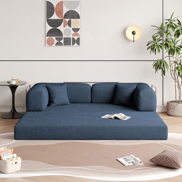 JASIWAY Modern 78.7 in. W Round Arm Corduroy Fabric Convertible Sleeper Rectangle Sofa in Blue