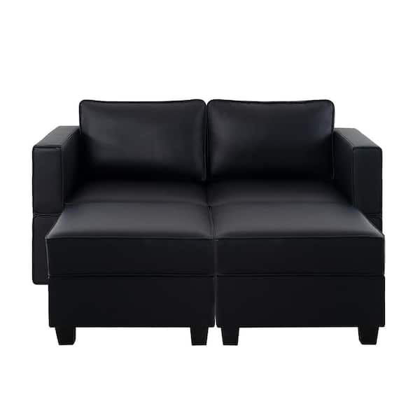 HOMESTOCK 61.02 in. W Faux Leather Loveseat with Double Ottoman, Streamlined Comfort for Your Sectional Sofa in Black