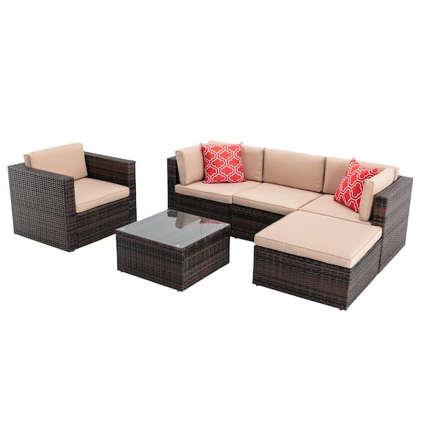maocao hoom 6-Piece Wicker Patio Conversation Set with Beige Cushions, 2 Pillows and Coffee Table
