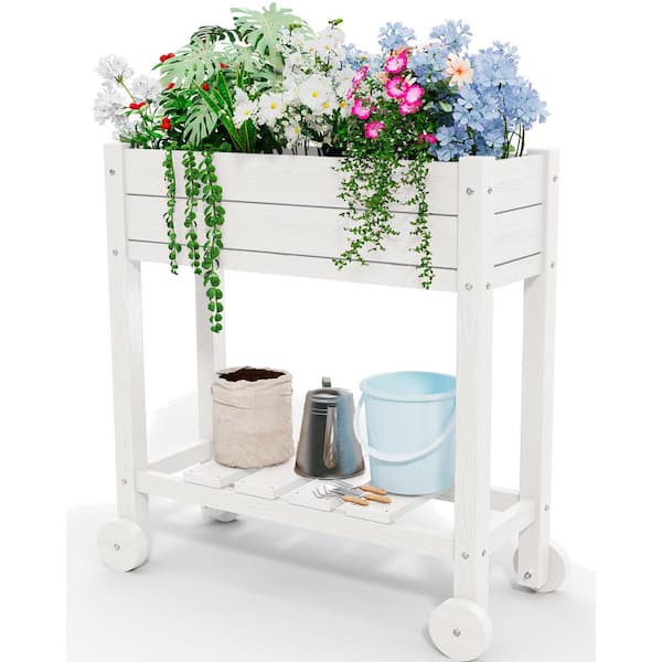 JEAREY HDPE Outdoor Raised Garden Bed with Wheels in White