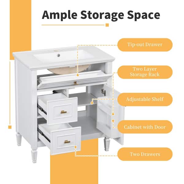 30 in. Freestanding White Bath Vanity Solid Frame Bathroom Cabinet with White Ceramic Basin Top and One Flip Drawer