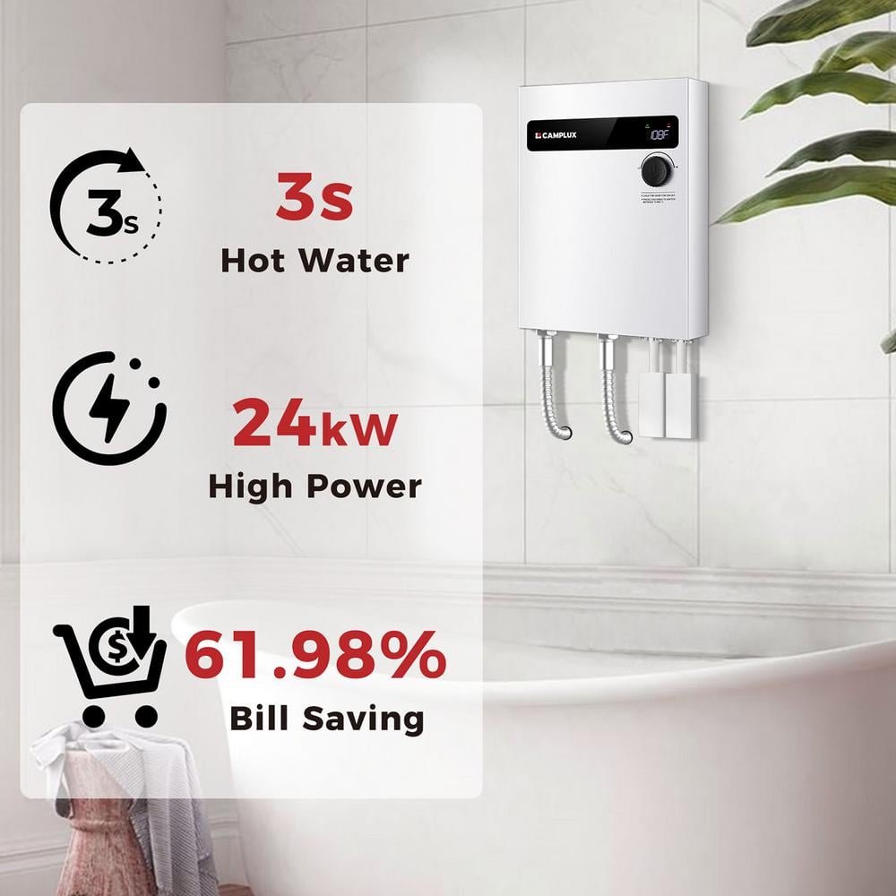 Camplux 24kW White Tankless Electric Water Heater with Digital Display