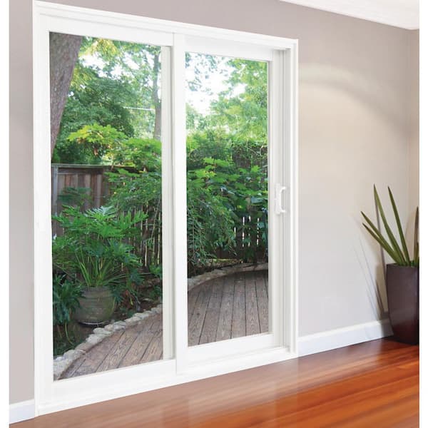 71 in. x 80 in. Glacier White Vinyl Left-Hand Low-E Sliding Patio Door with Screen, Handle Set and Nailing Fin