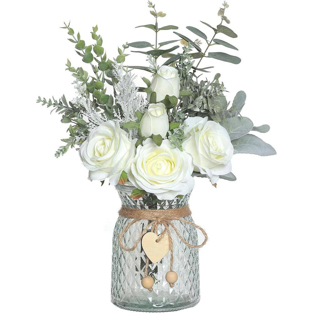 14.5 in. White Indoor Artificial Silk Roses in Clear Vase