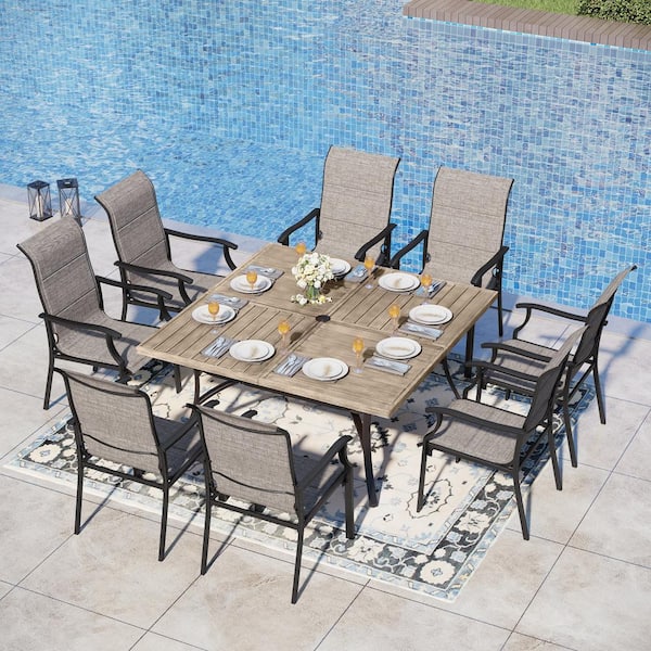 PHI VILLA Black 9-Piece Metal Patio Outdoor Dining Set with Wood Finish Slat Square Table and Padded Textilene Chairs